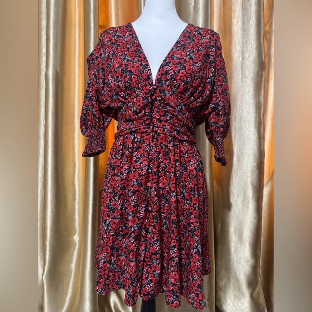 Red and Black Puff Sleeve V-Neck Sundress